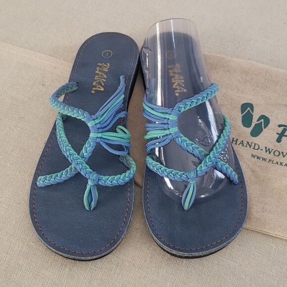 Shoes - Plaka Sandal Womens 7 Oceanside Blue Green Woven Thong Flip Flop Slip on Shoe